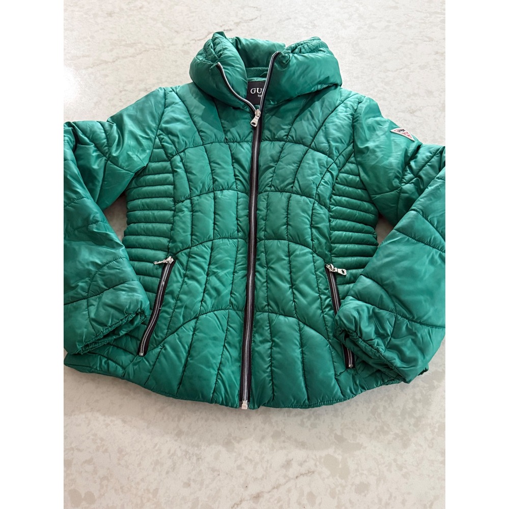 Guess Womens Emerald Green Quilted Puffer Jacket Stand Collar Size S Full Zip